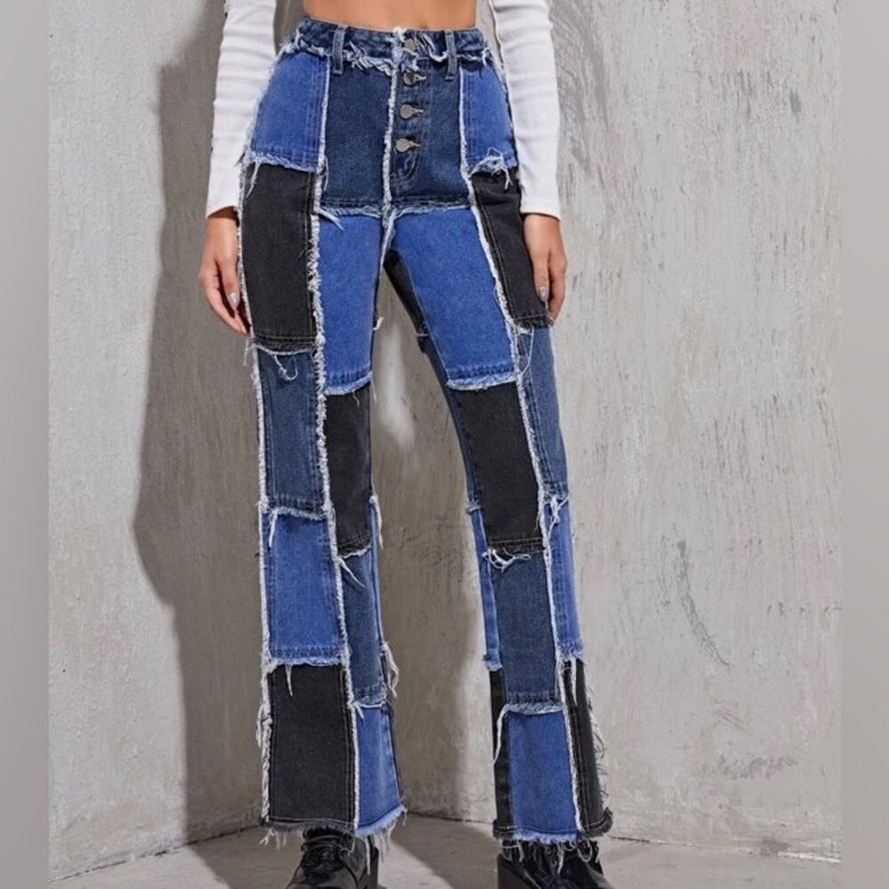 SHEIN | Blue &‎ Black Patchwork Button Fly Frayed High Rise Straight Leg Jeans